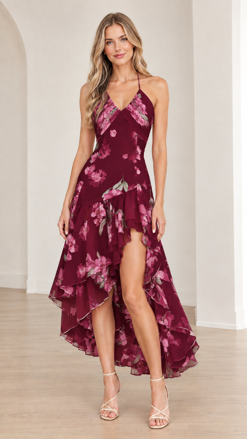 Front view of Burgundy floral print ruffle high-low maxi dress