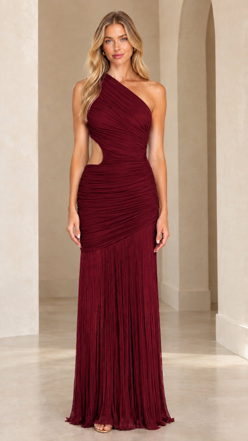 Full-length front view of Burgundy one-shoulder ruched cutout pleated maxi dress