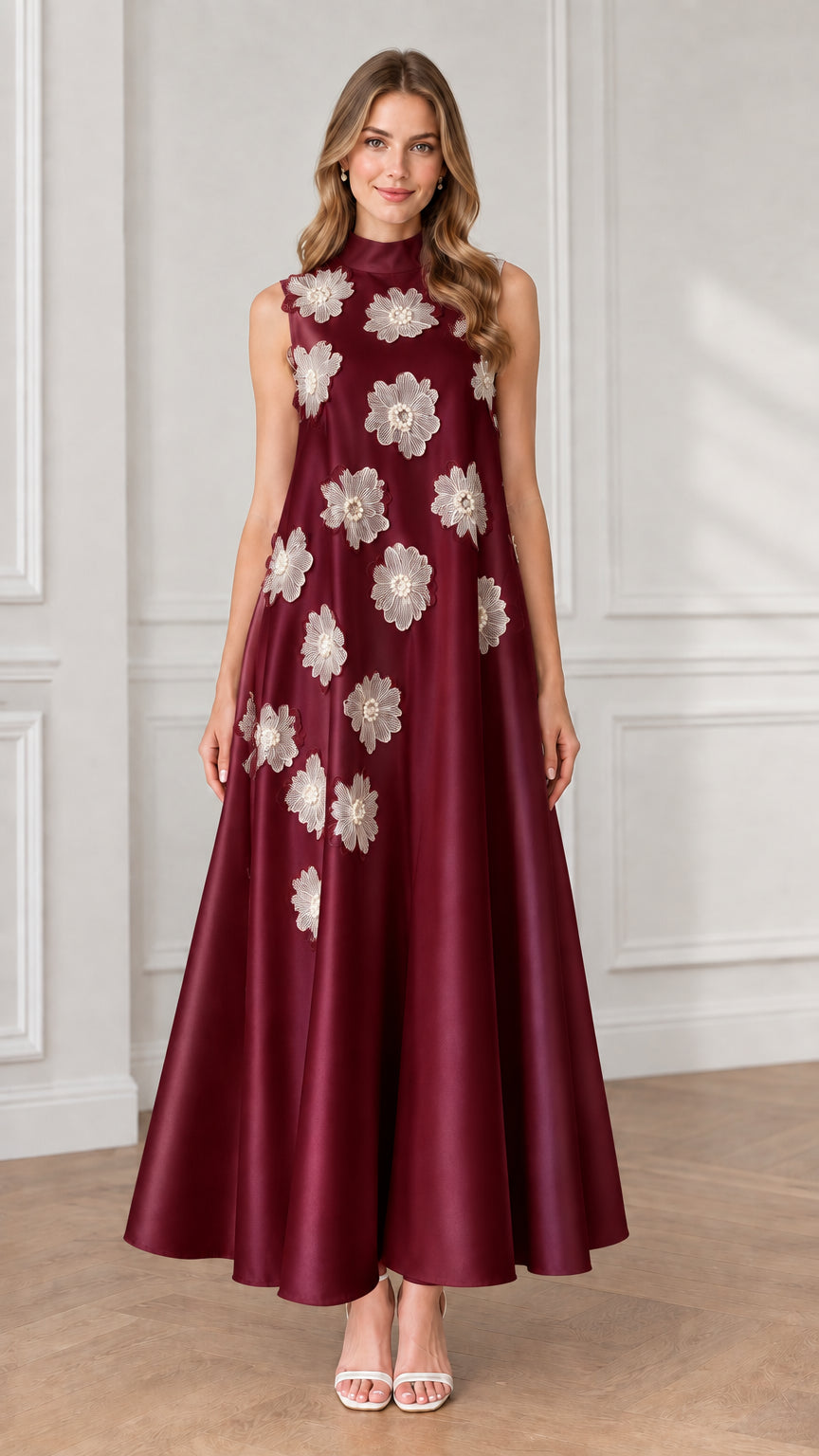 Model wearing burgundy sleeveless high neck maxi dress with white floral appliqués