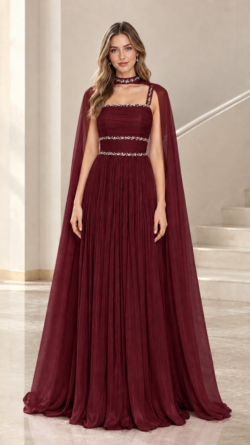 Burgundy chiffon cape sleeve evening gown with crystal accents