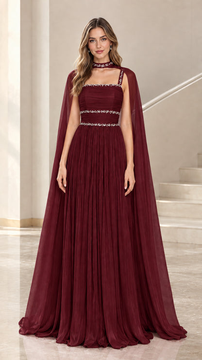 Burgundy chiffon cape sleeve evening gown with crystal accents