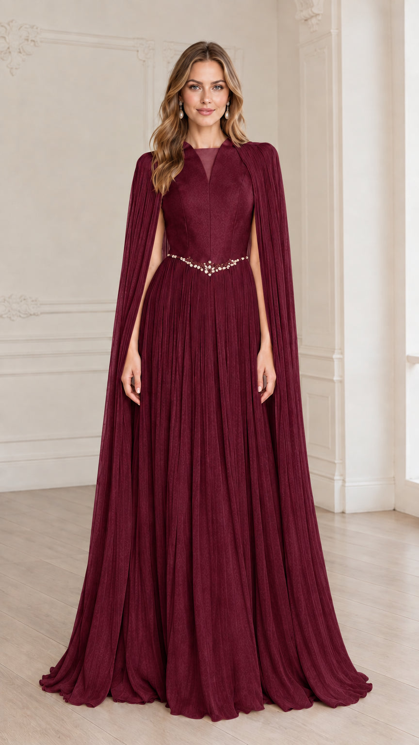 Full-length burgundy wine pleated cape sleeve evening gown