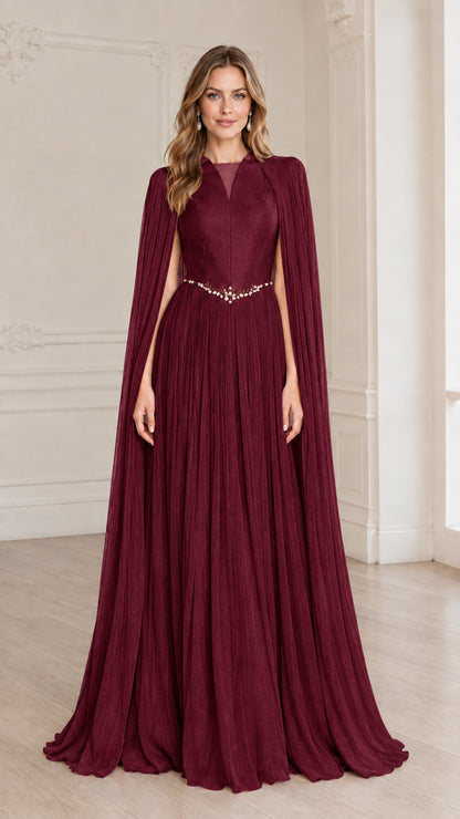 Full-length burgundy wine pleated cape sleeve evening gown