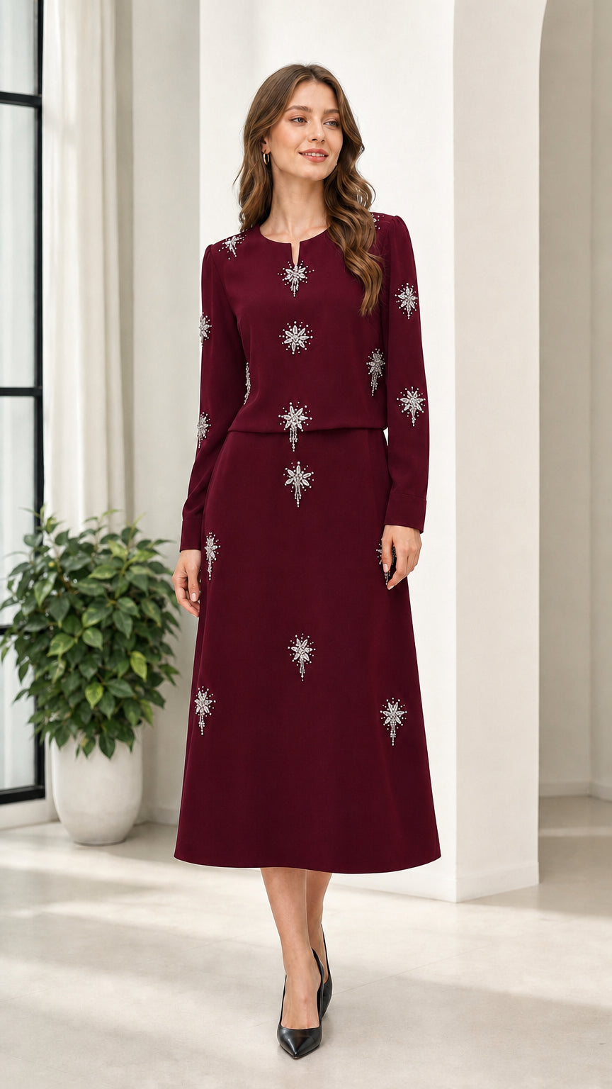 Burgundy wine red long sleeve rhinestone embellished midi dress on model