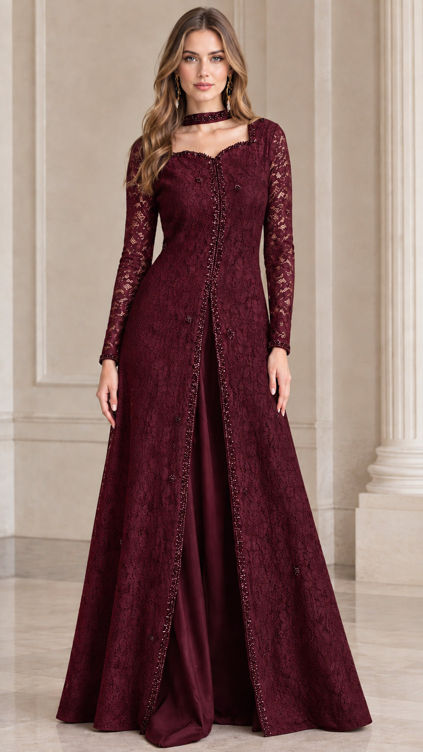 Burgundy wine red beaded lace formal evening maxi dress