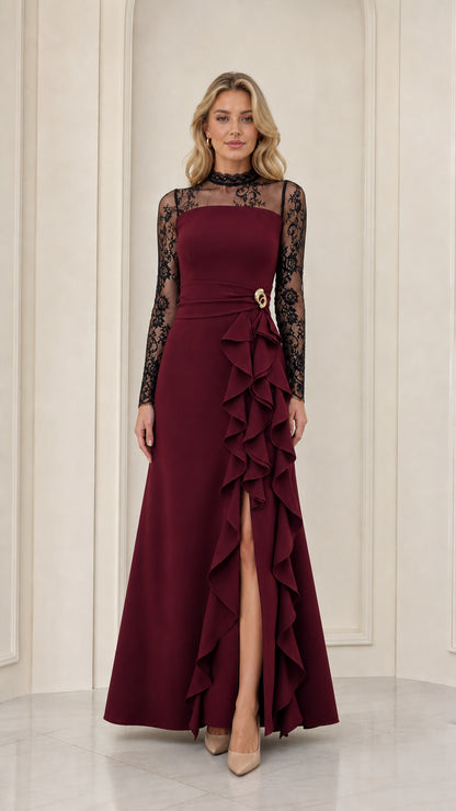 Burgundy wine red formal evening gown with black sheer lace long sleeves