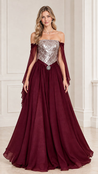 Model wearing Burgundy red sequin bodice floor-length evening gown with drape sleeves