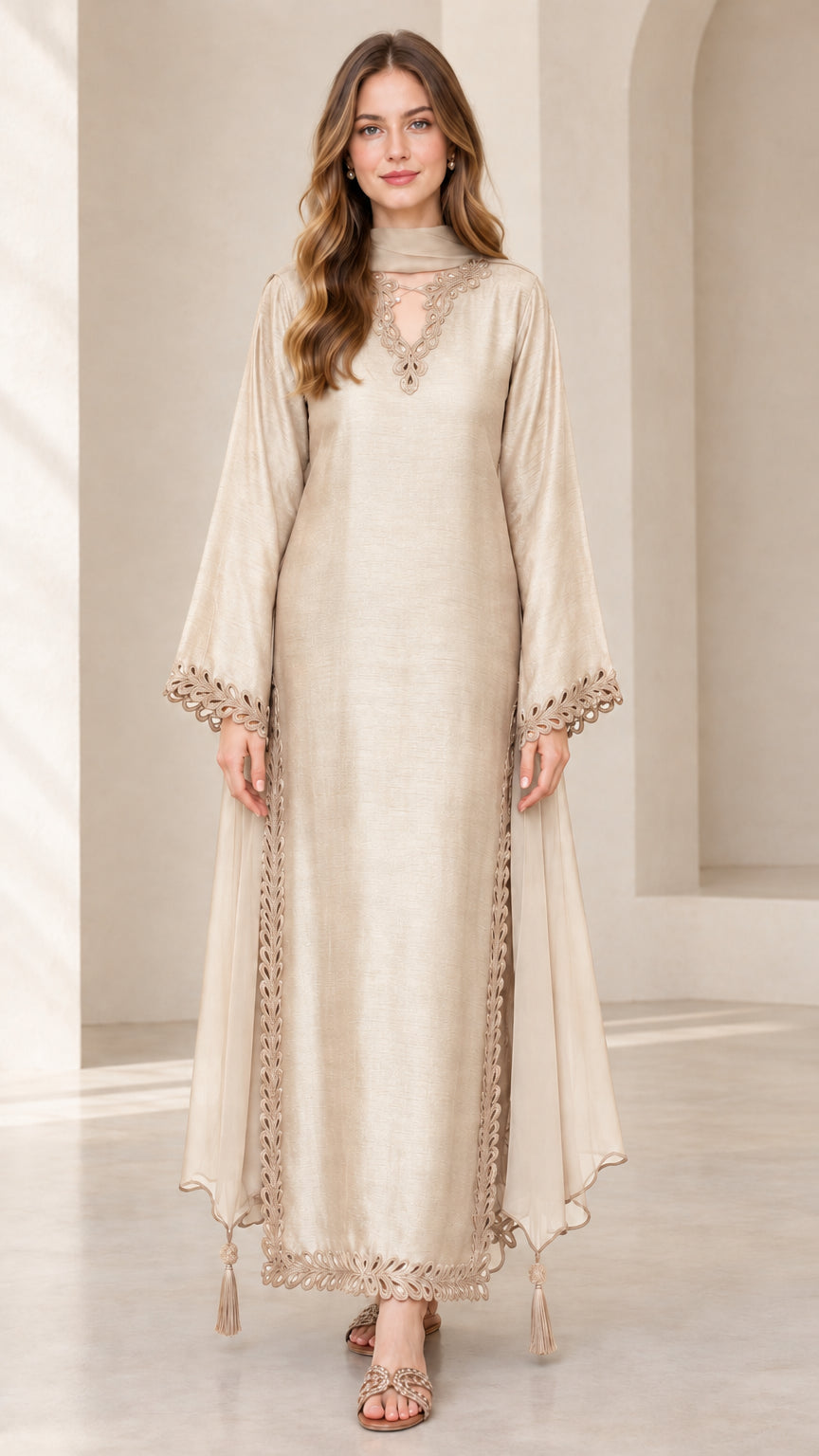Front view of model wearing champagne beige embroidered maxi kaftan dress
