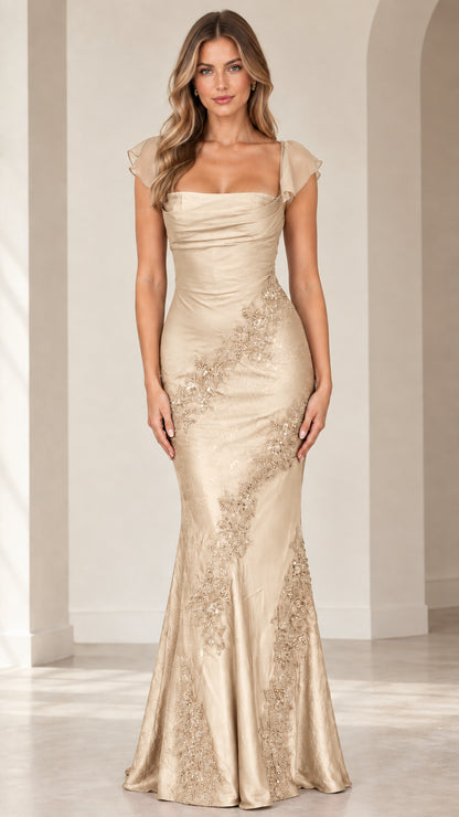 Front view of champagne gold flutter sleeve mermaid evening gown with tonal embroidered beading