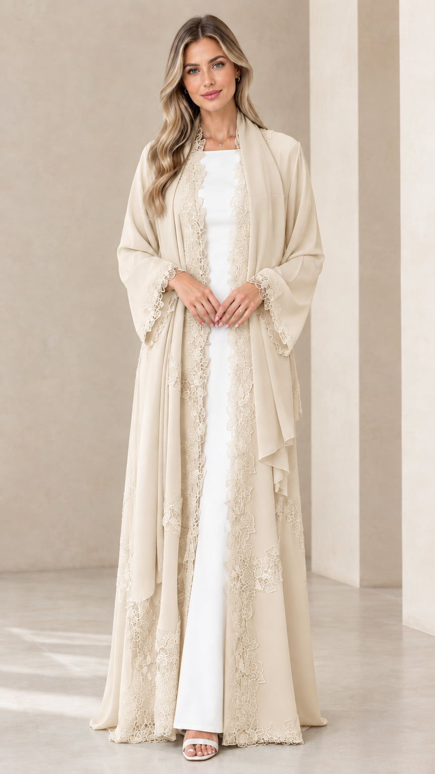 Front view of model wearing champagne beige lace trim long chiffon duster cardigan