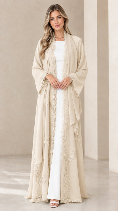 Front view of model wearing champagne beige lace trim long chiffon duster cardigan