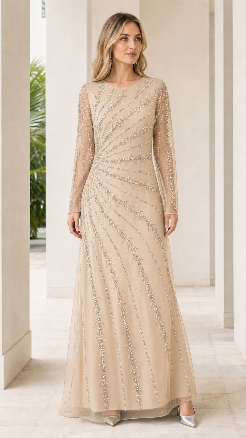 Woman wearing champagne beige embellished evening maxi dress