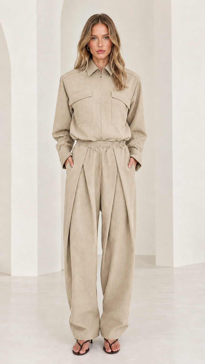 Front view of model wearing beige long sleeve pleated wide-leg jumpsuit