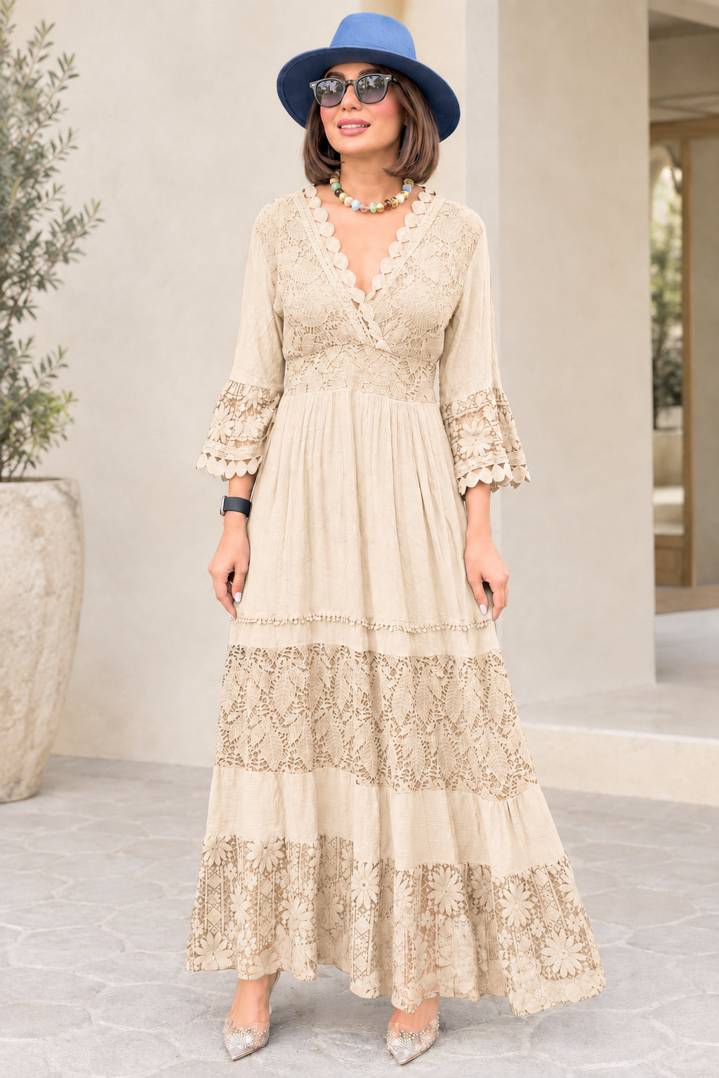 Beige cream lace tiered maxi dress with elegant scalloped V-neck