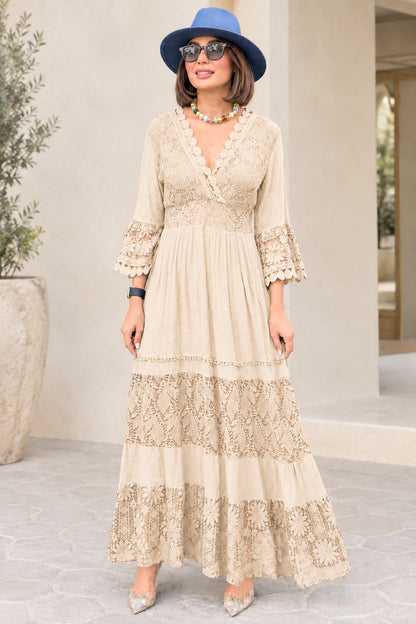 Beige cream lace tiered maxi dress with elegant scalloped V-neck