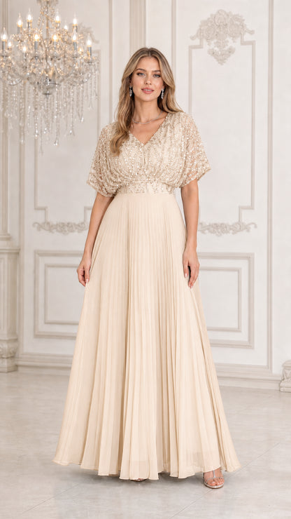 Champagne gold sequin flutter sleeve pleated evening maxi dress