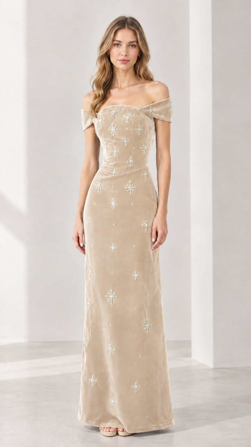 Champagne beige off-the-shoulder velvet maxi gown with starburst bead details