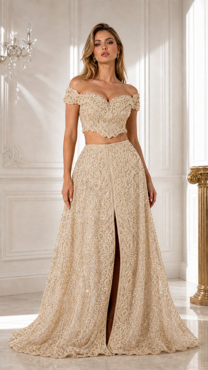 Front view of champagne ivory beaded two-piece formal maxi dress