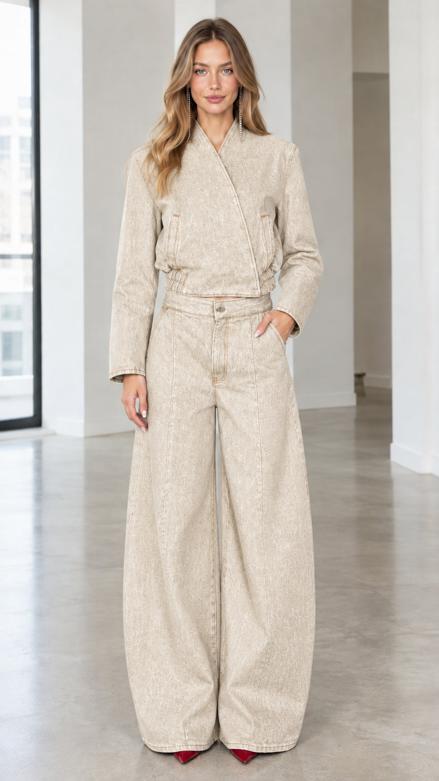 Full front view of oatmeal beige denim jacket and wide leg pants matching set
