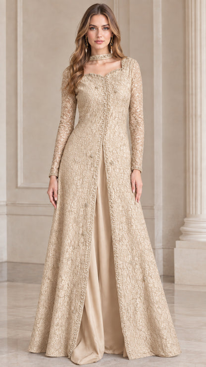 Champagne gold beaded floral lace long sleeve evening gown