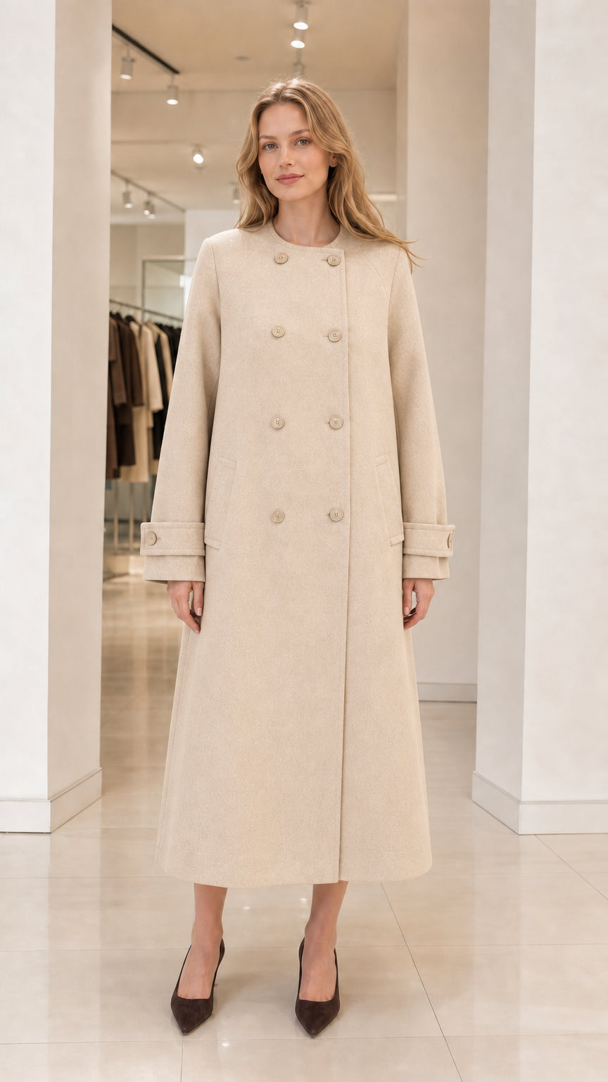 Front view of woman wearing cream off-white double-breasted collarless maxi coat