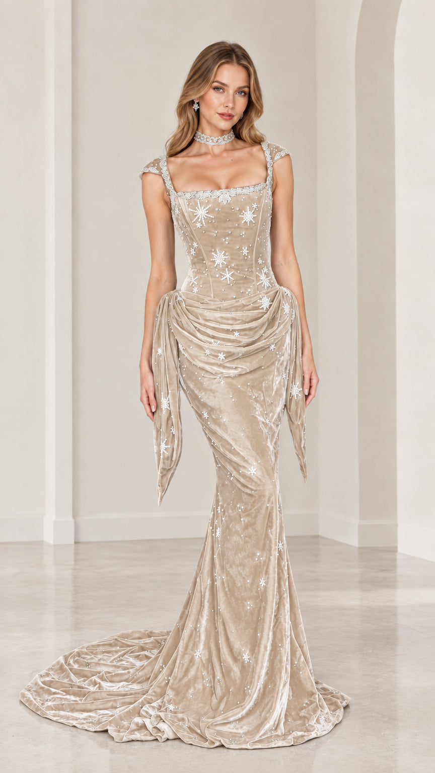 Champagne gold velvet celestial mermaid gown with train