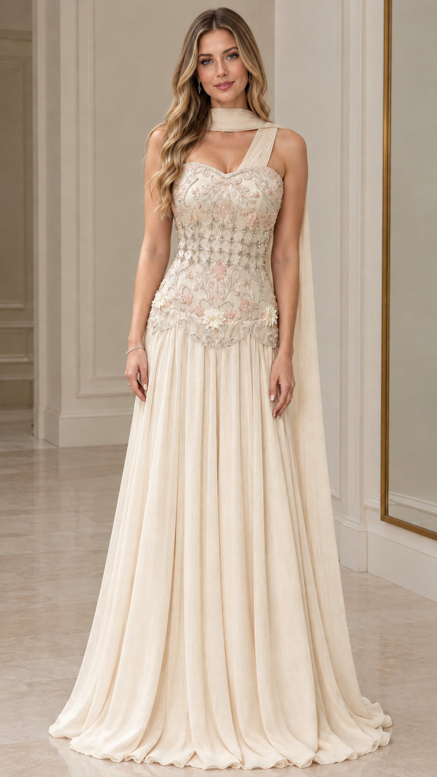 Champagne cream embroidered beaded chiffon maxi evening gown