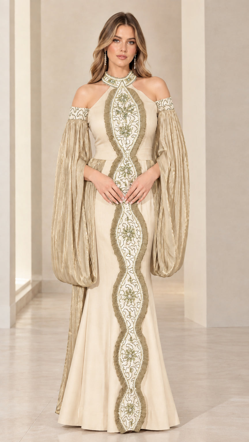 Champagne gold halter evening gown with intricate beaded detailing