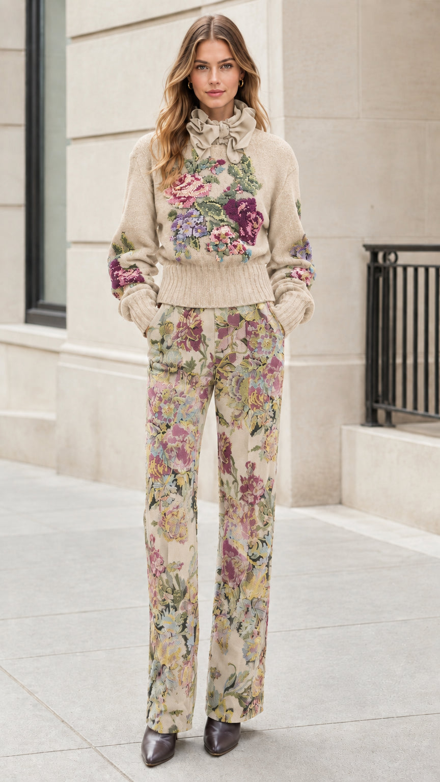 Model wearing Beige floral embroidered sweater and wide-leg trousers set