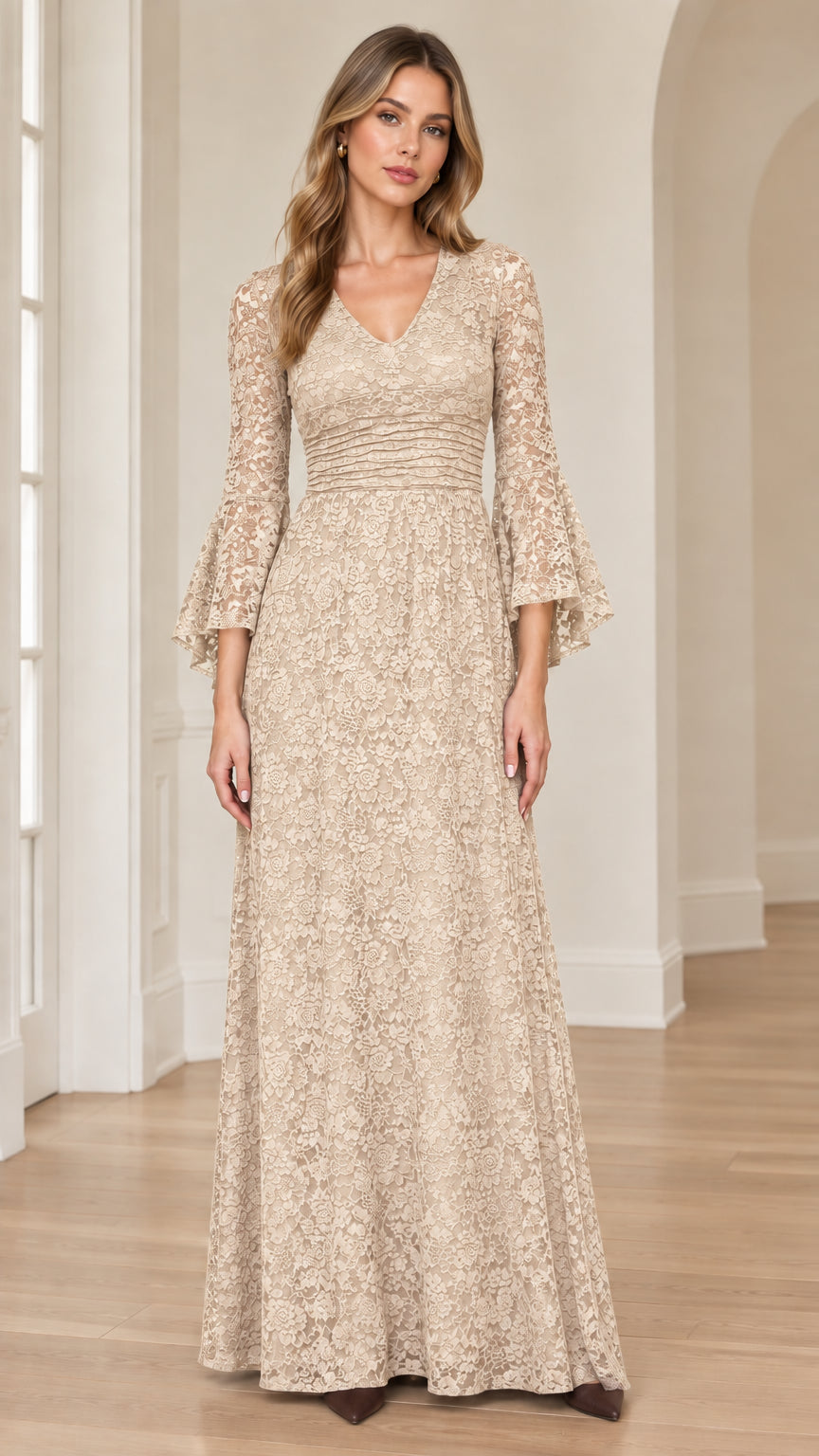 Front view of champagne beige floral lace flare sleeve maxi dress