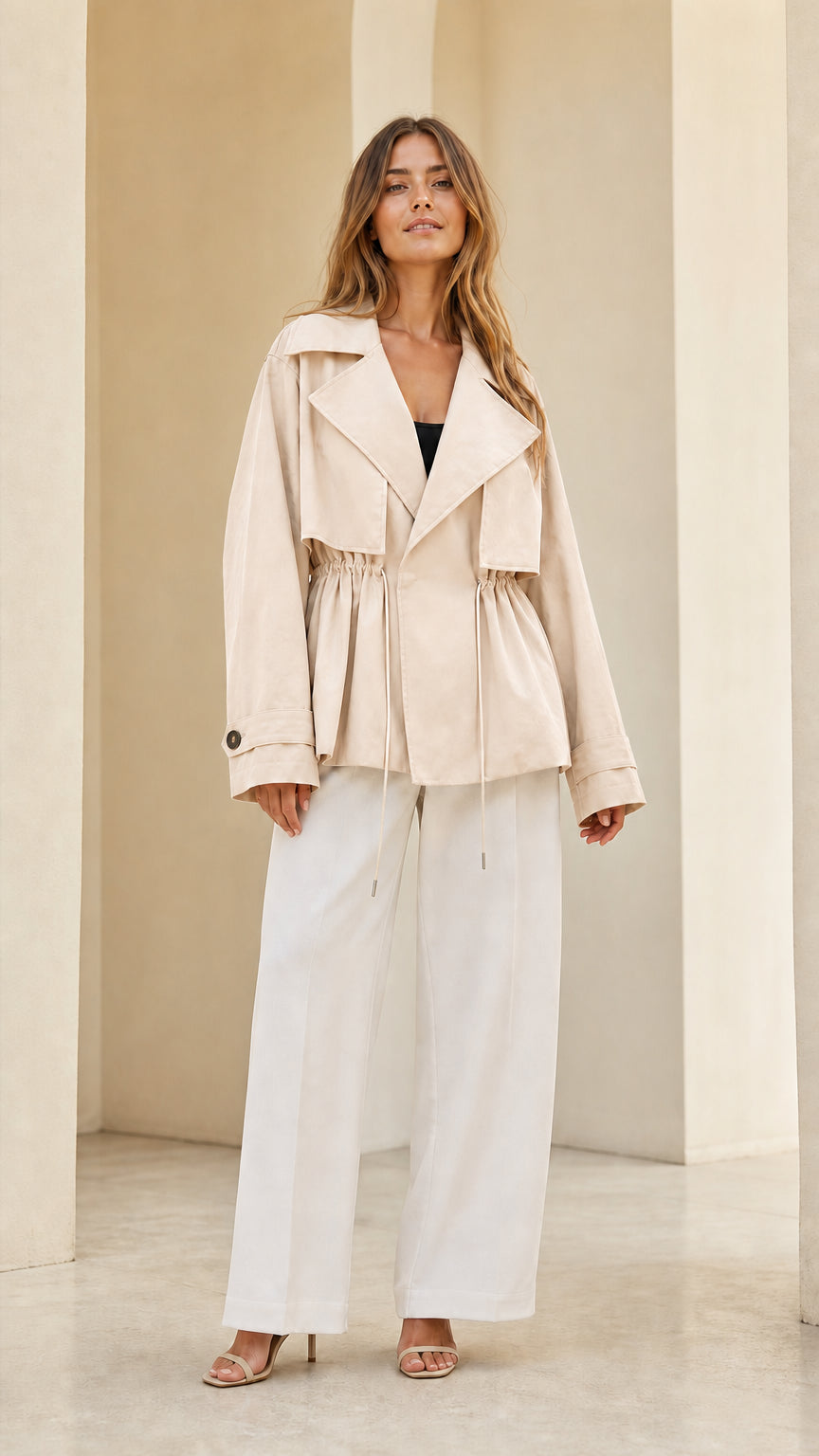 Front view of model wearing cream off-white short drawstring trench coat