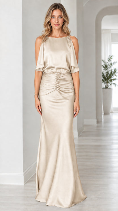Front view of model wearing champagne ivory satin ruched formal dress