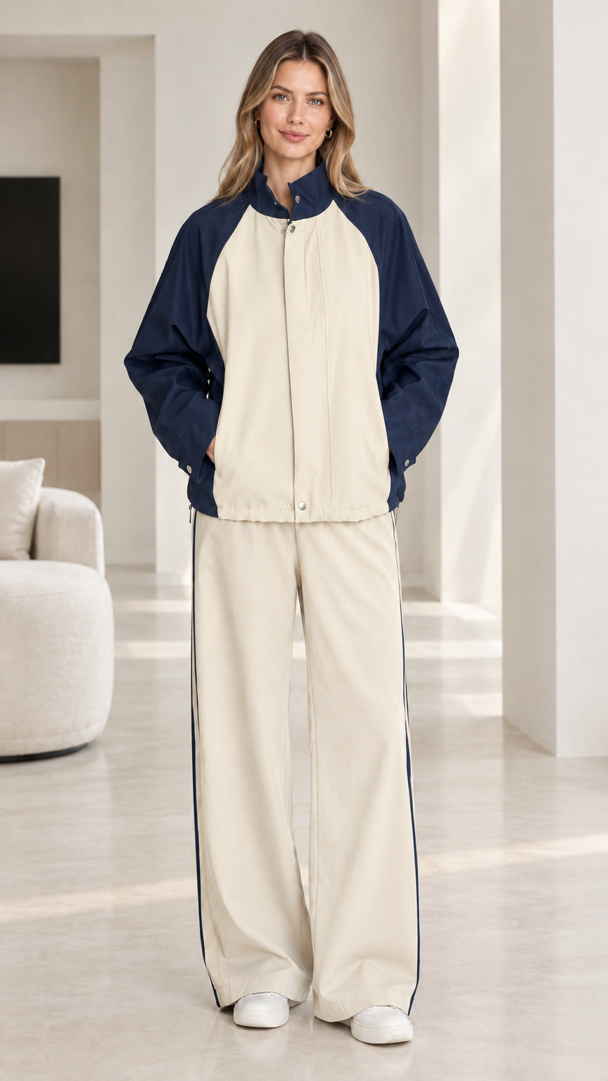 Beige and navy blue colorblock two-piece tracksuit set on model