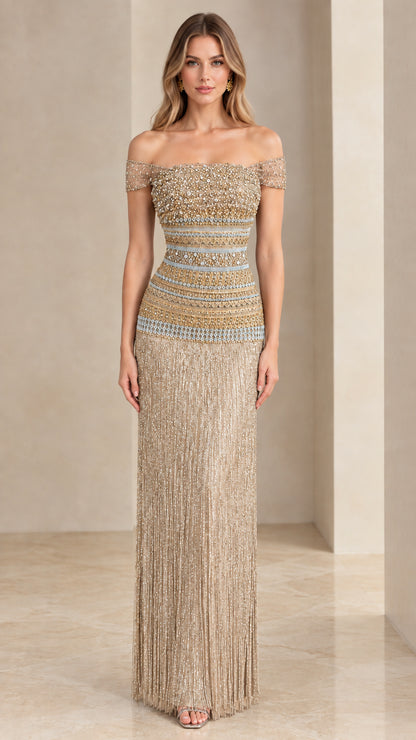 Front view of champagne gold off-the-shoulder beaded fringe evening gown