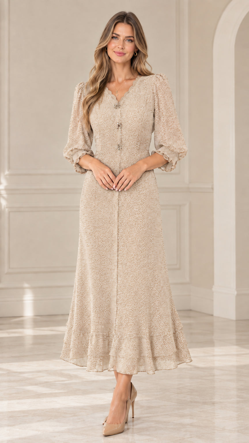 Front view of model wearing Beige scalloped V-neck polka dot midi dress