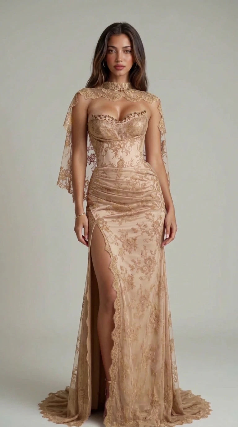 Full-length front view of champagne gold lace corset evening dress with sweep train