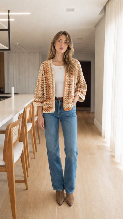 Woman wearing Beige Multi neutral warm tones crochet knit open front cardigan