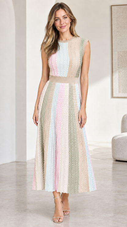 Model wearing soft beige pastel multi sleeveless knit midi dress