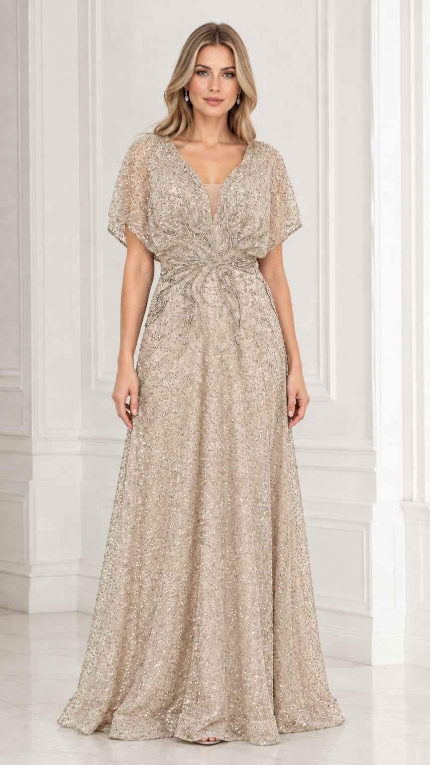 Model wearing champagne gold beaded A-line evening dress