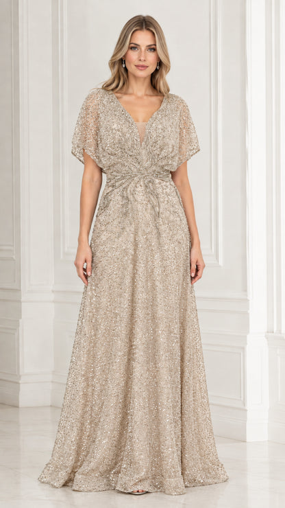Model wearing champagne gold beaded A-line evening dress