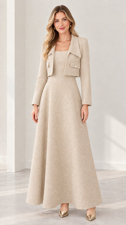 Beige tweed two-piece maxi dress and cropped jacket suit