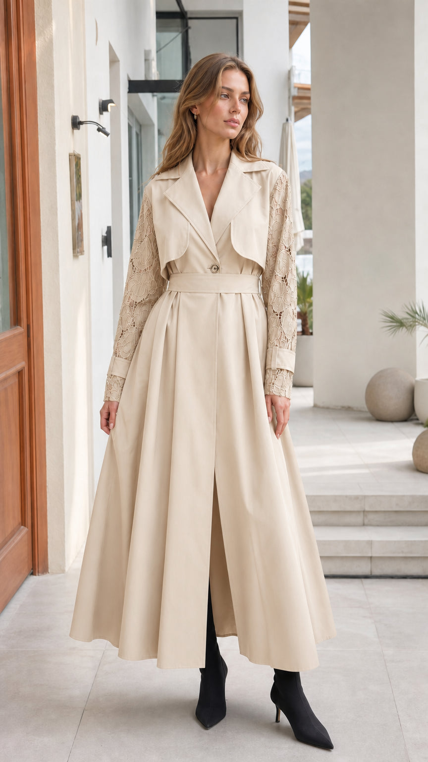 Front full view of woman wearing Beige cream lace-sleeve trench maxi coat dress