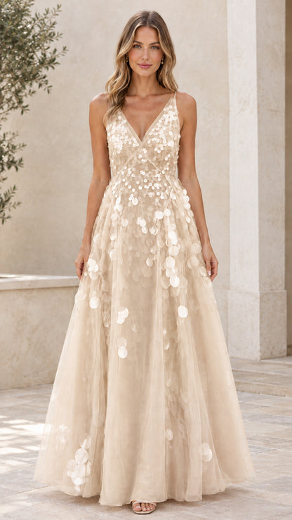 Champagne beige tulle evening maxi dress with shimmering petal detail