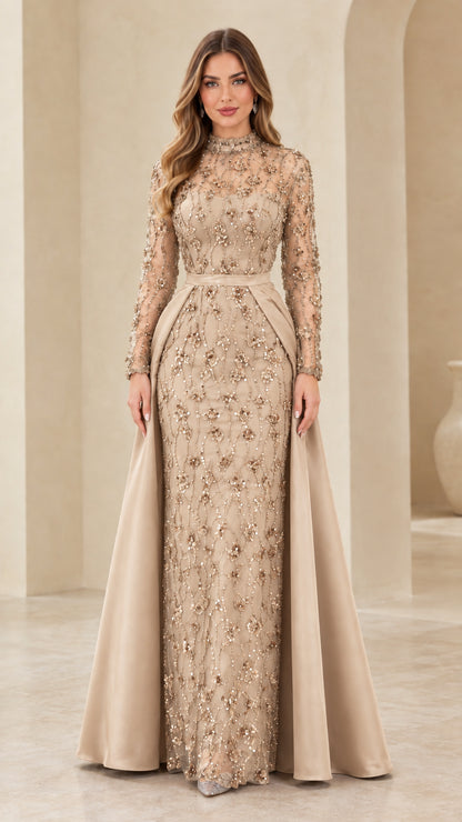 Champagne gold high neck embellished lace formal gown with full overskirt