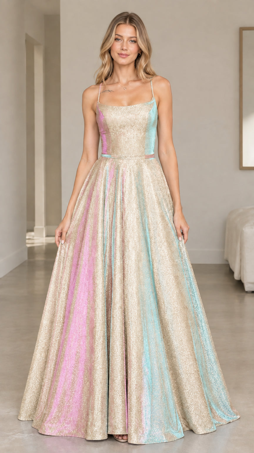 Front view of the champagne glitter A-line maxi dress