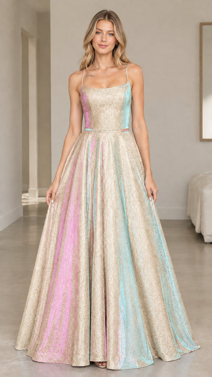 Front view of the champagne glitter A-line maxi dress
