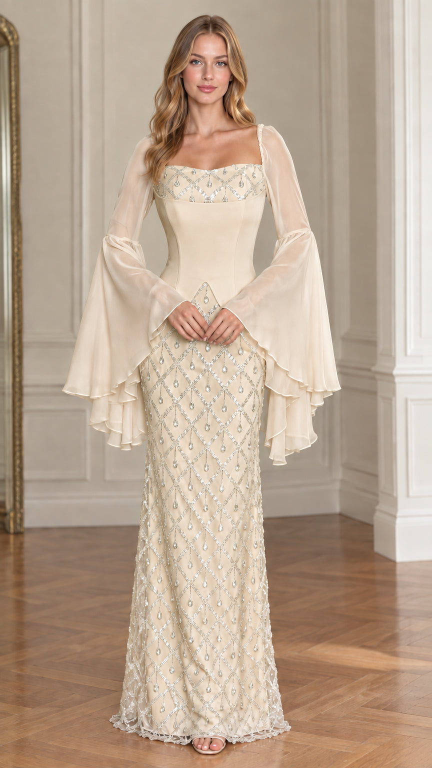 Front view of model wearing Champagne cream beaded square neck evening gown