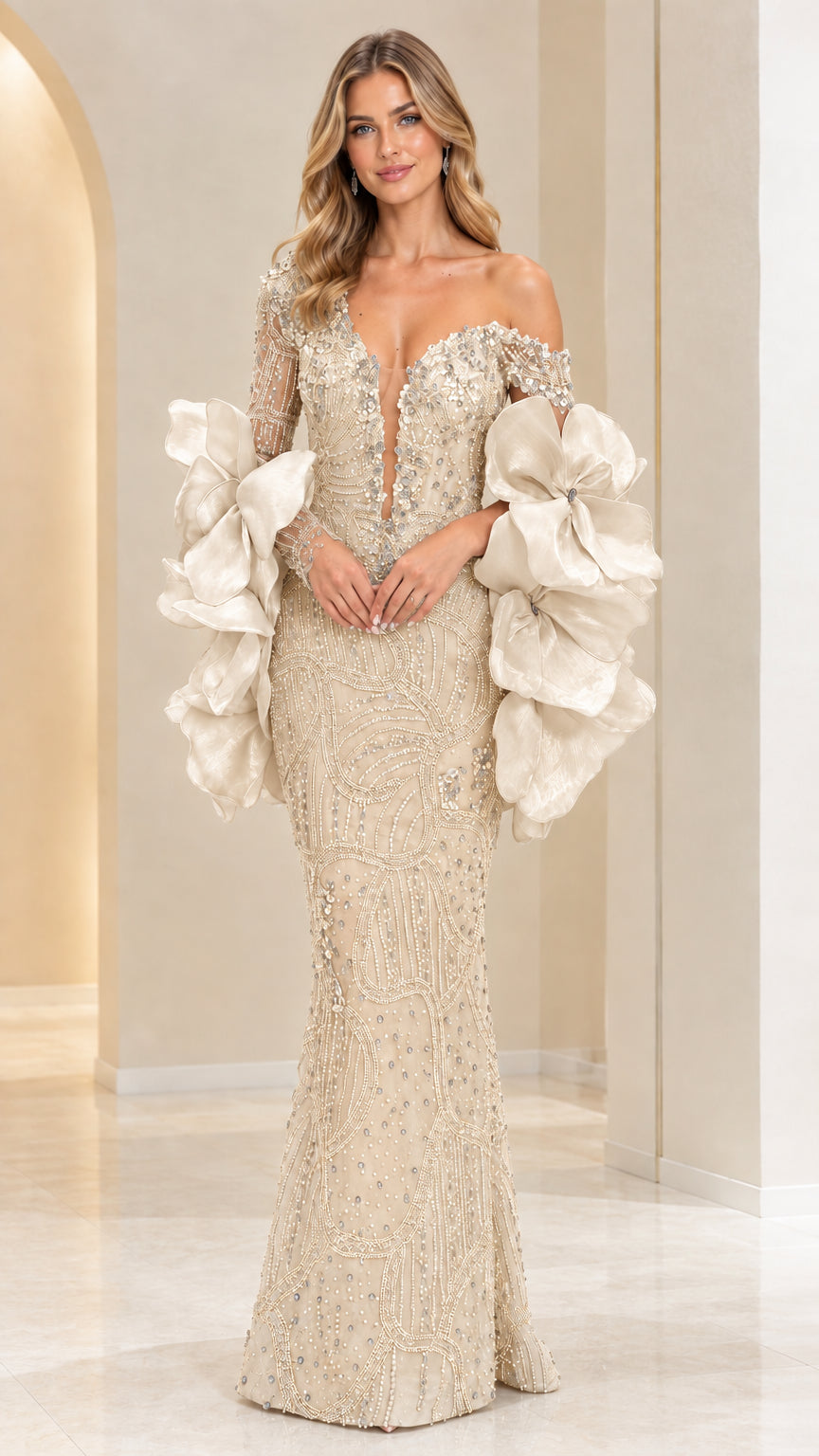Model wearing Champagne gold beaded formal evening gown with voluminous sleeves