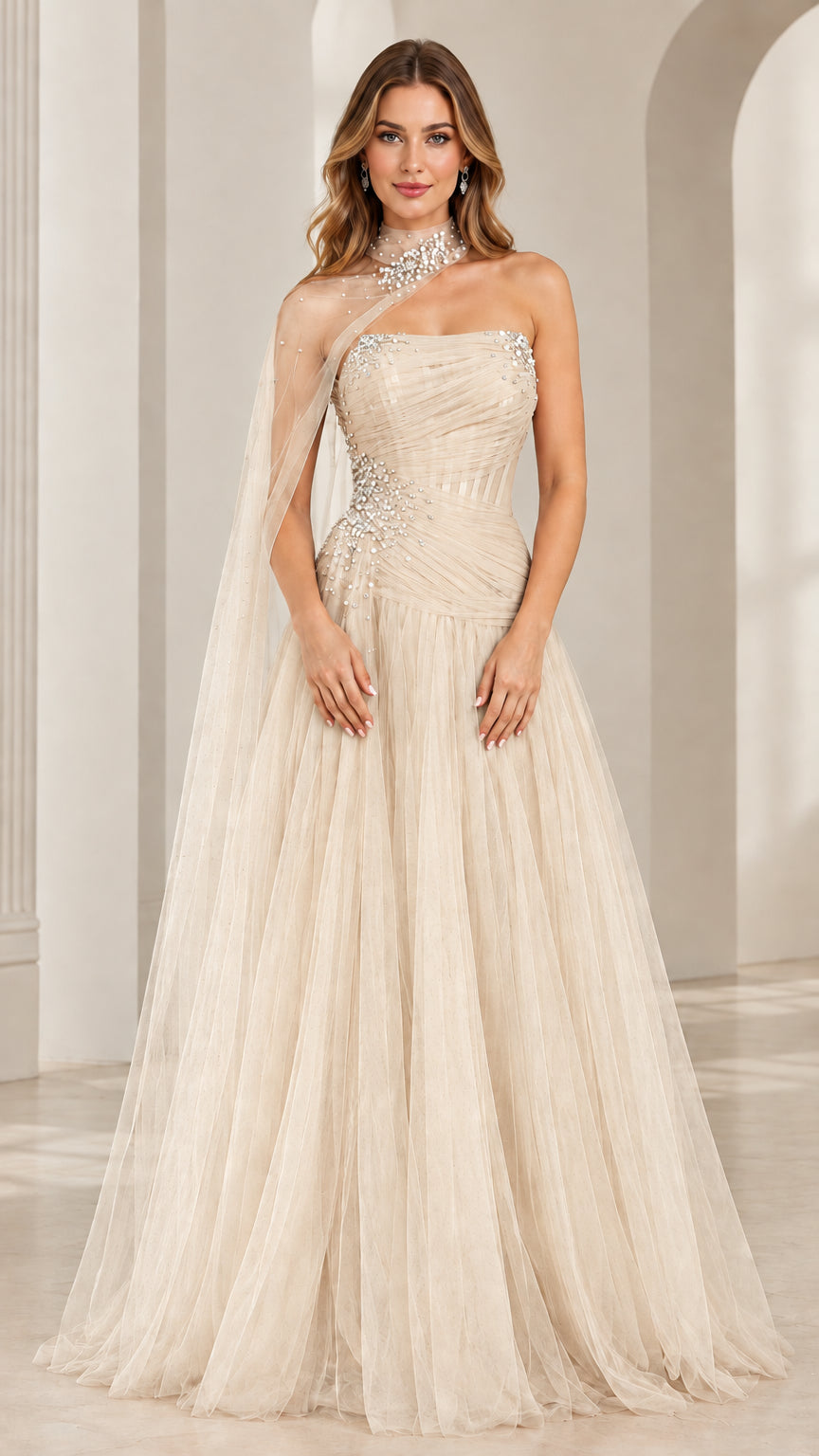 Full front view of champagne gold pleated tulle A-line formal gown