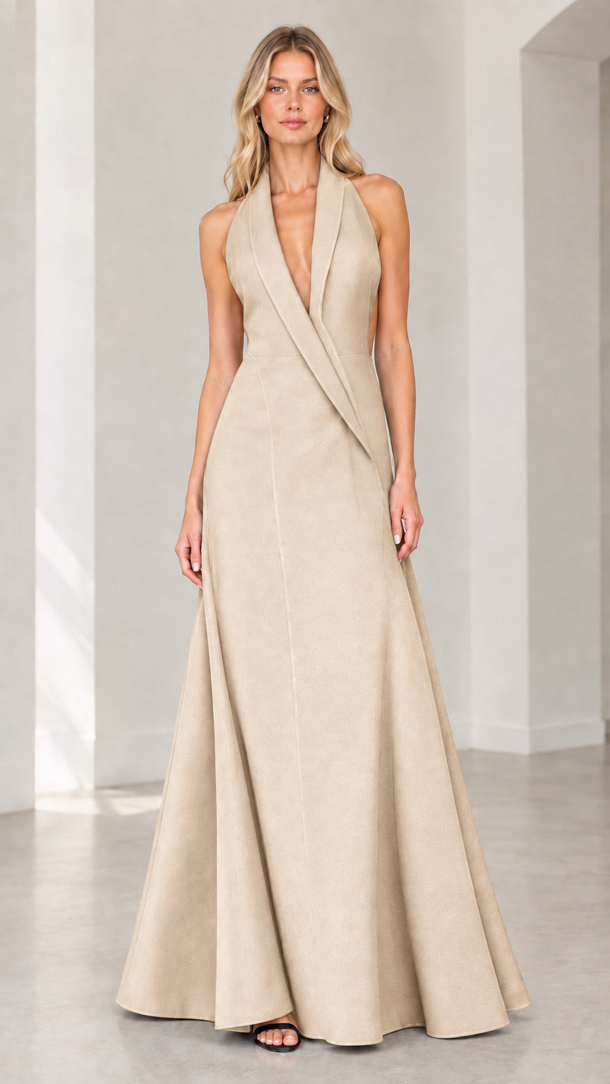 Front view of champagne beige halter tuxedo backless evening dress